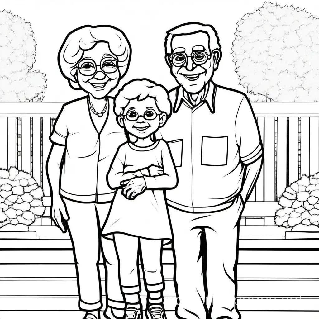 family photo with grandma and grandpa smiling with granddaughter and son., Coloring Page, black and white, line art, white background, Simplicity, Ample White Space. The background of the coloring page is plain white to make it easy for young children to color within the lines. The outlines of all the subjects are easy to distinguish, making it simple for kids to color without too much difficulty