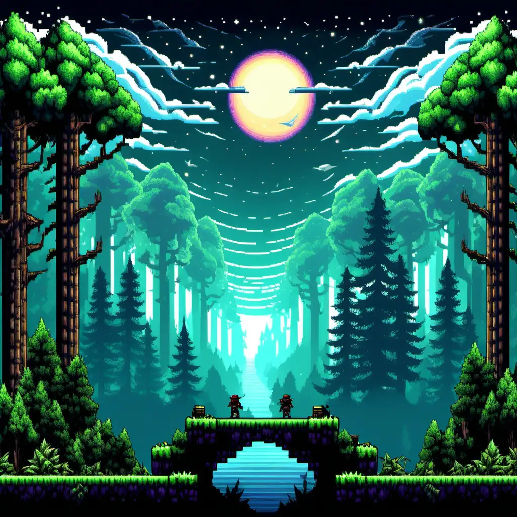 side scroller video game map create me a large pixel art style side-scroller video game map with giant forest and magical skies, darksoul's themed sidescroller