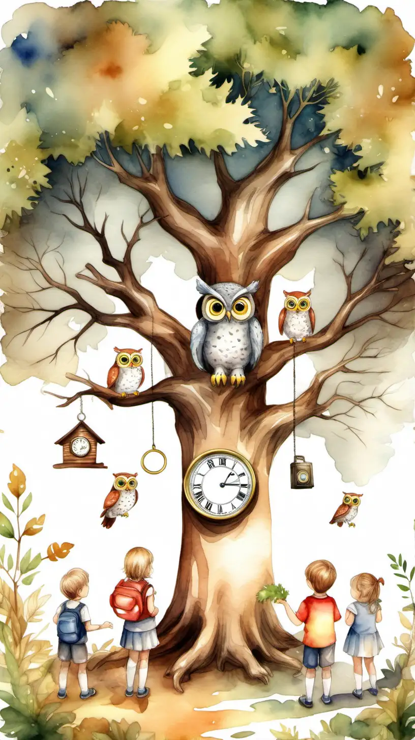 Create image of an oak tree in the forest, an owl and childrenaround, with a monocle, children gathering, use watercolor style, children gathering, children around the tree