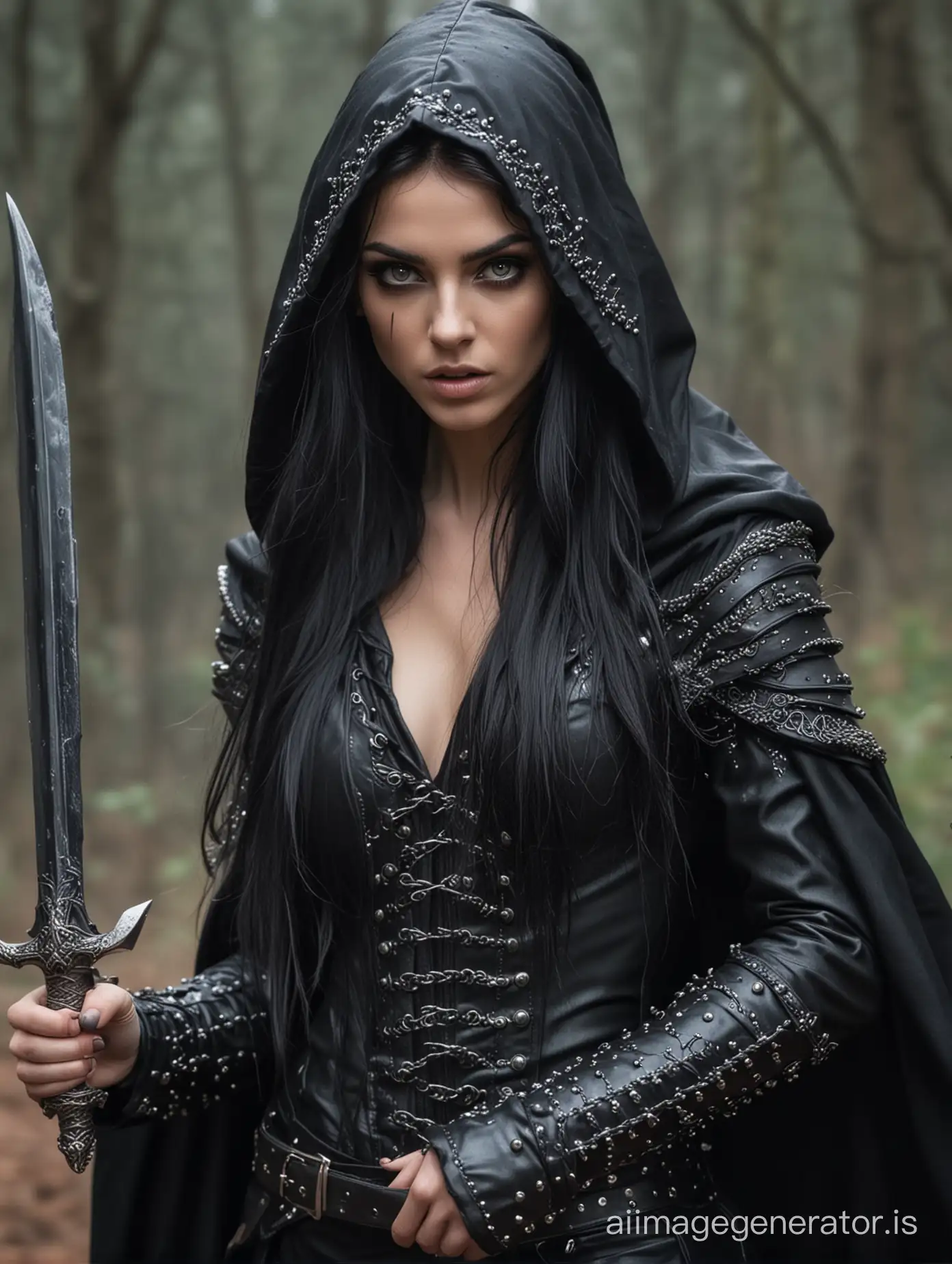 Young skinny female elf with very long black hair and bard running eye makeup. wearing a hooded cloak and black studded leather armor. sexy holding a dagger