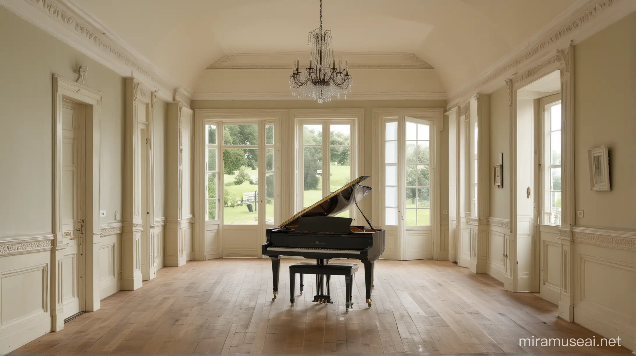 Elegant Piano Performance in Grand Hall with Serene Landscape View