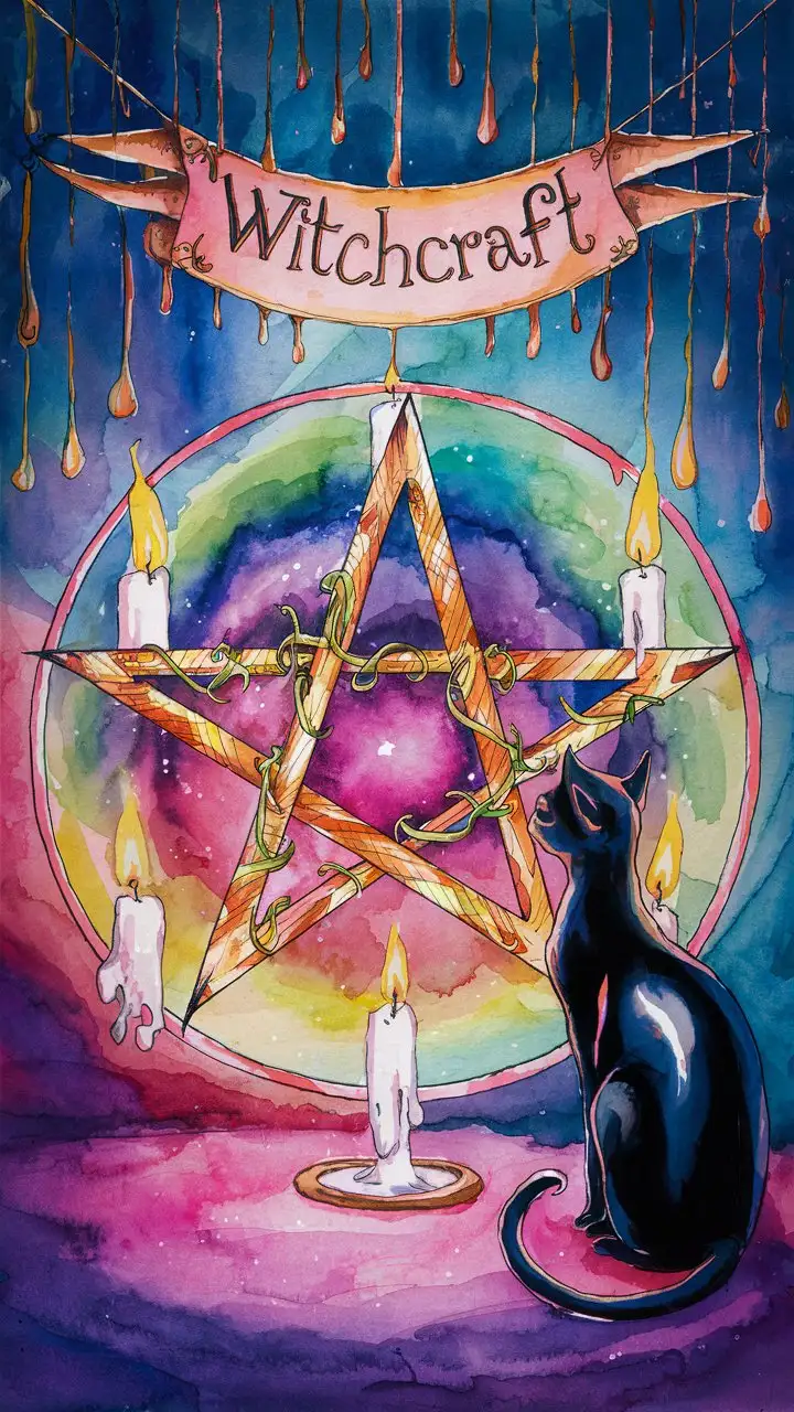 Pastel Watercolor Pentagram Circle with Entwined Vine and Enchanted Black Cat