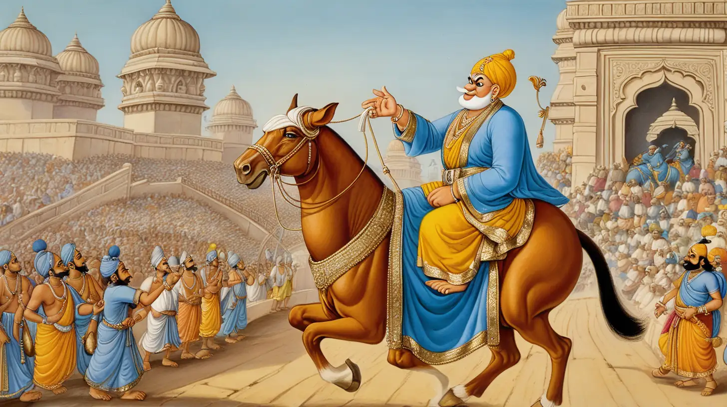 tenali raman a minister of Indian king dressed in a blue robe and wearing some jwellary and a bald head and no beard traveling on a horse entering a grand gate of a kingdom