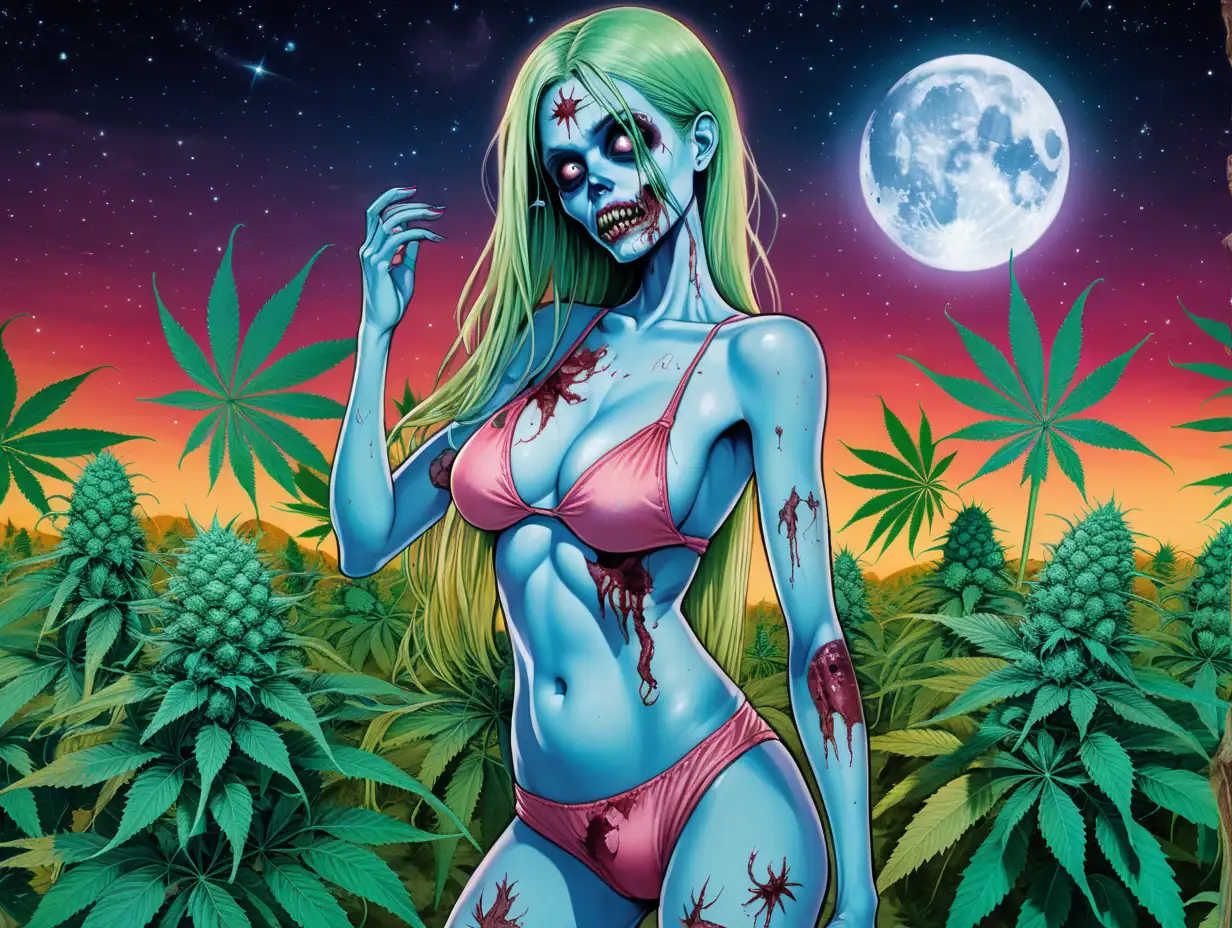 Sexy Zombie woman standing in a field of cannabis with bright colored stars and the moon in back






