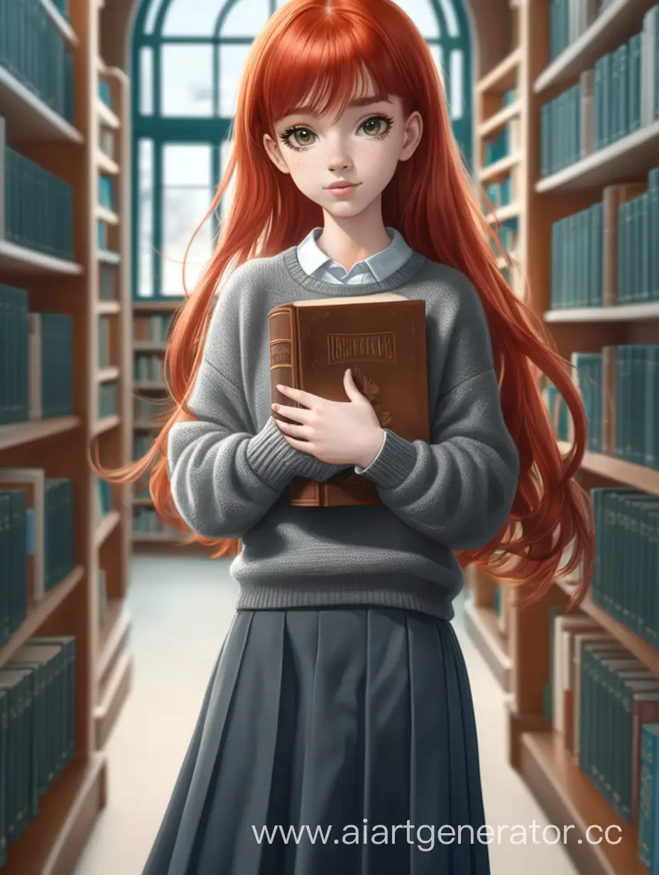 Девушка с рыжими волосами, серые глаза, свитер, длинная юбка, книга в руках, стоит на фоне библиотеки