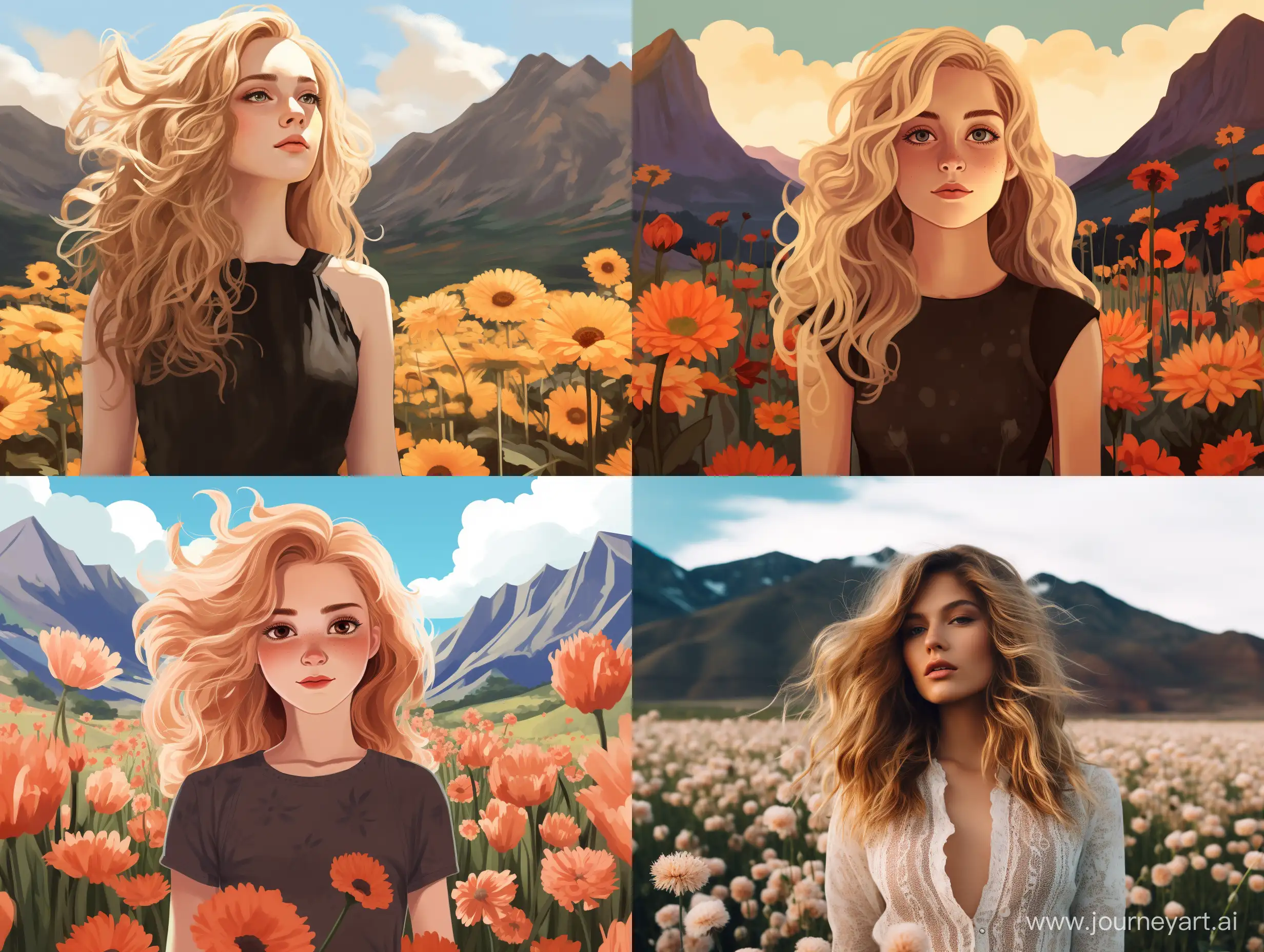 BlondishHaired-Girl-Posing-Against-Mountain-Backdrop-in-Flower-Field