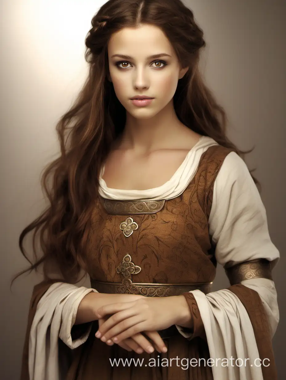 Beautiful girl, brown hair, brown eyes, dressed in a 12th century dress