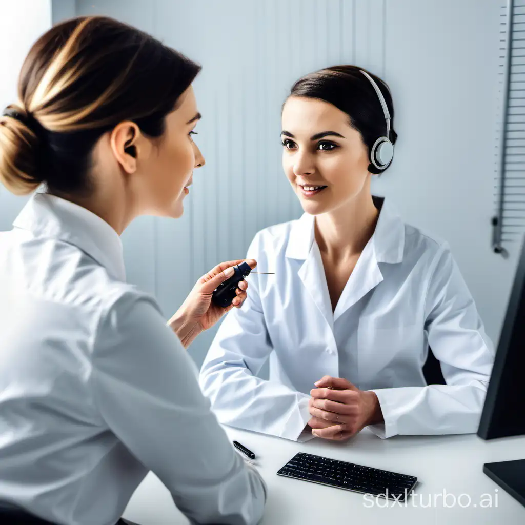 woman audiologist conducting a hearing test on a patient in a modern audiology clinic