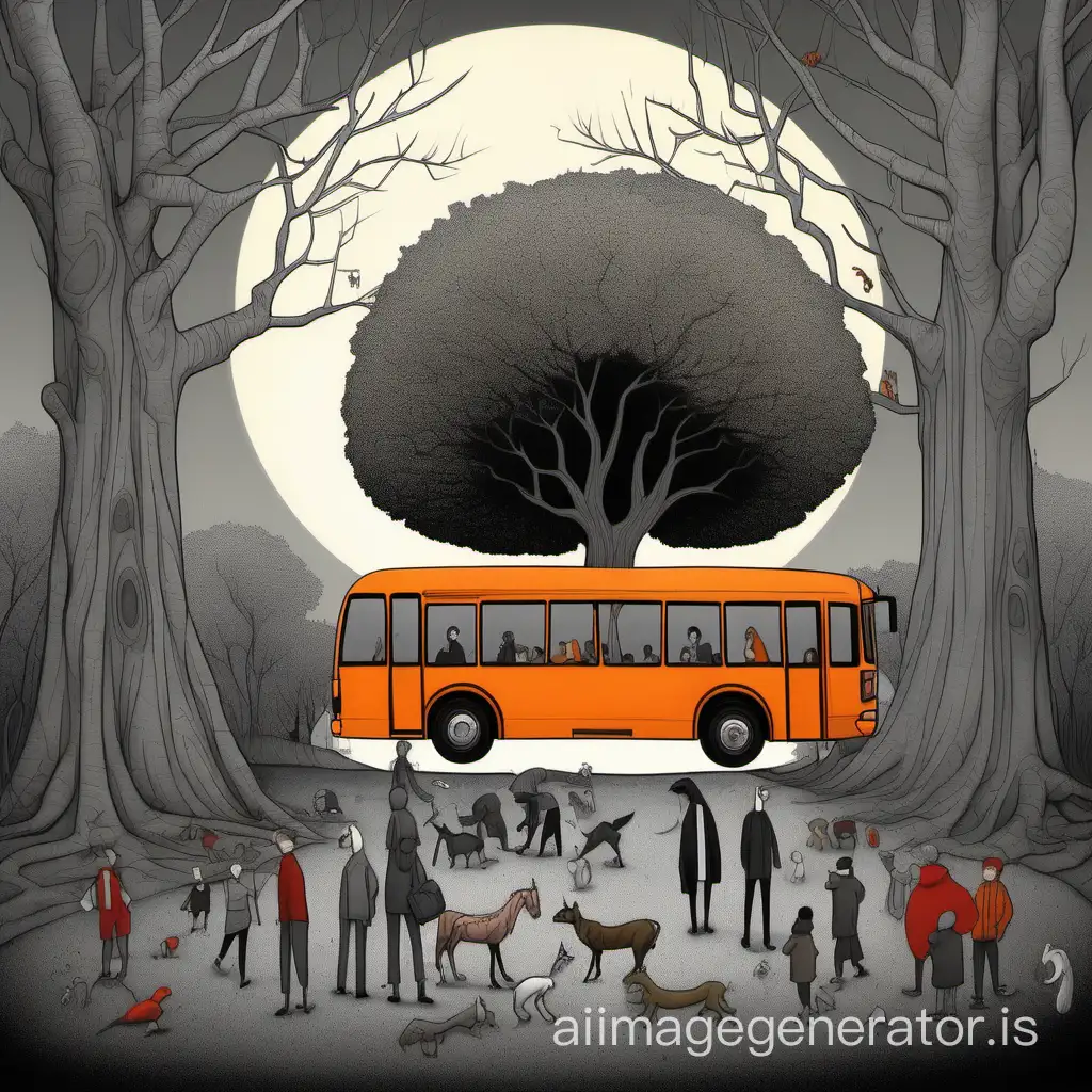 in the middle of the picture there is a black tree on the ground: its base touches the bottom edge of the picture, its top is leaning to the right. the tree is dry, only the branches of the leaning top have gray leaves. 
behind the tree a little to the left of the center there is a fictional red bus, it drives to the left, its part to the right of the tree has no wheels, it looks a little like a boat with a roof, inside of which there are fictional creatures in gray, orange, black colors. the part of the bus to the left of the tree right next to it has a wheel and after the wheel the bus ends with a vertical slice. to the left of the bus there are fictional people with white faces, in gray, white and black colors.
The bus and seated people are on a branch that grows vertically upward in the left side of the image, but bent horizontally under the bus and people.
the right side depicts a black and gray animal that looks like a horse but has no clear features.
the ground on which the central tree stands also depicts various caricatured people and animals in gray, orange, and brown tones.
The background is hazy, gray-white-black. towards the edges the picture darkens into black.
2D painting in the style of gloomy French cartoons