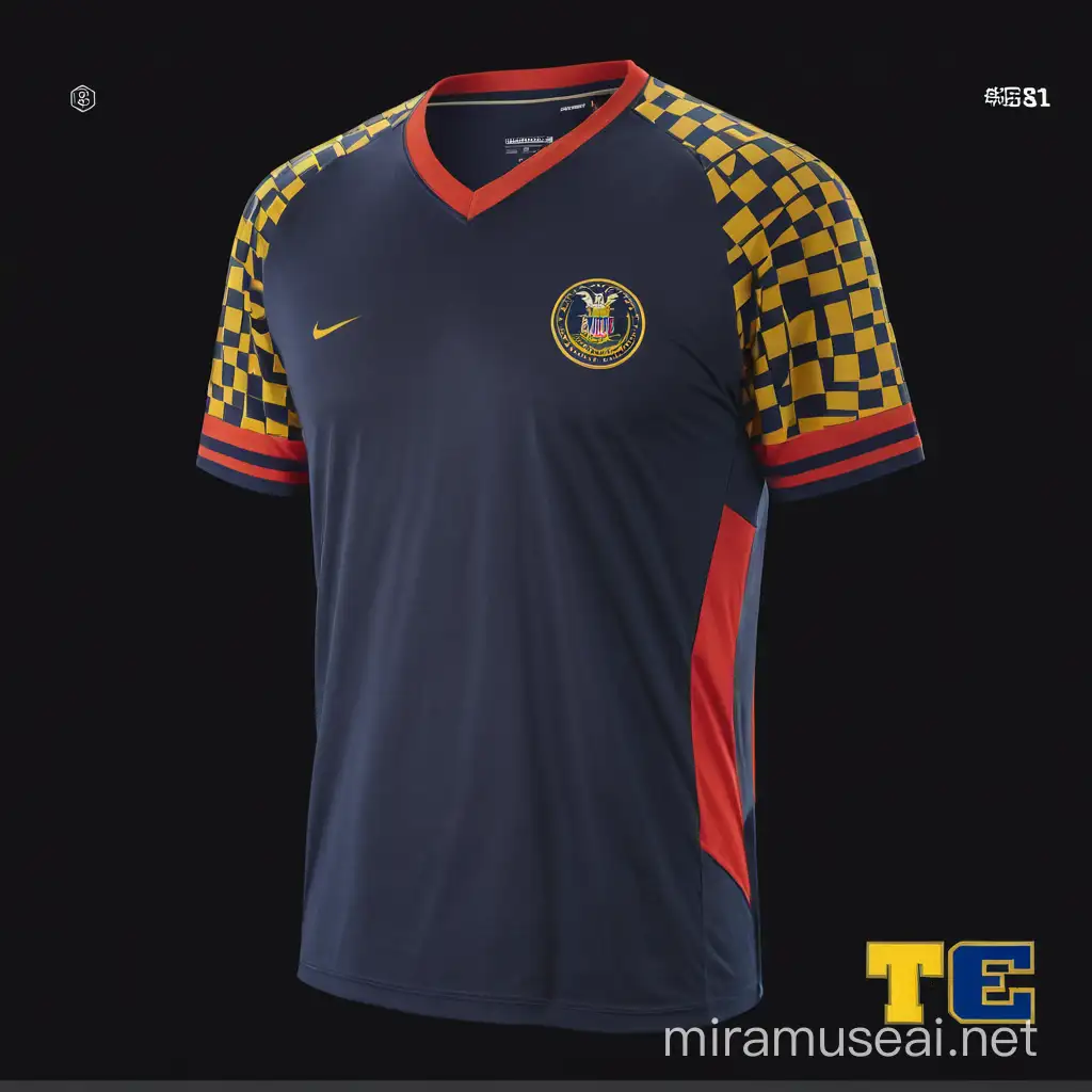 Navy blue sports T-shirt with V-neck, black and white squares covering the shoulders and sleeves, on the sides of the T-shirt 2 yellow stripes, 1 blue and 1 red stripe.