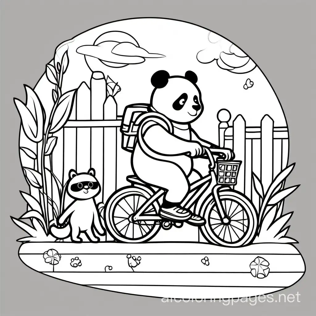 Panda bear with dog cat going bike skating , Coloring Page, black and white, line art, white background, Simplicity, Ample White Space. The background of the coloring page is plain white to make it easy for young children to color within the lines. The outlines of all the subjects are easy to distinguish, making it simple for kids to color without too much difficulty