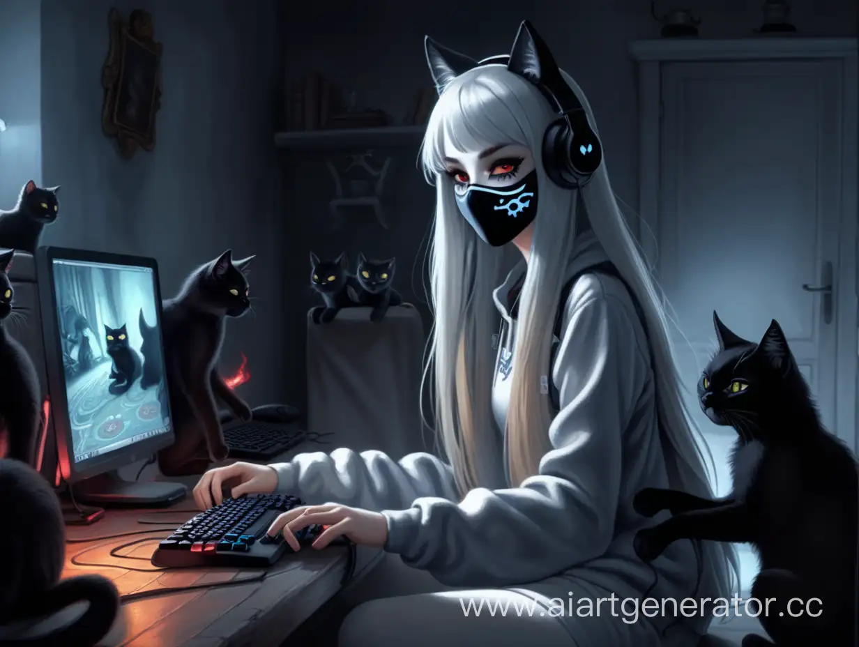 белая кошка девочка с длинными волосами в маске с клыками играет на геймпаде в видеоигры за компом в полутемной комнате с черными злыми кошками