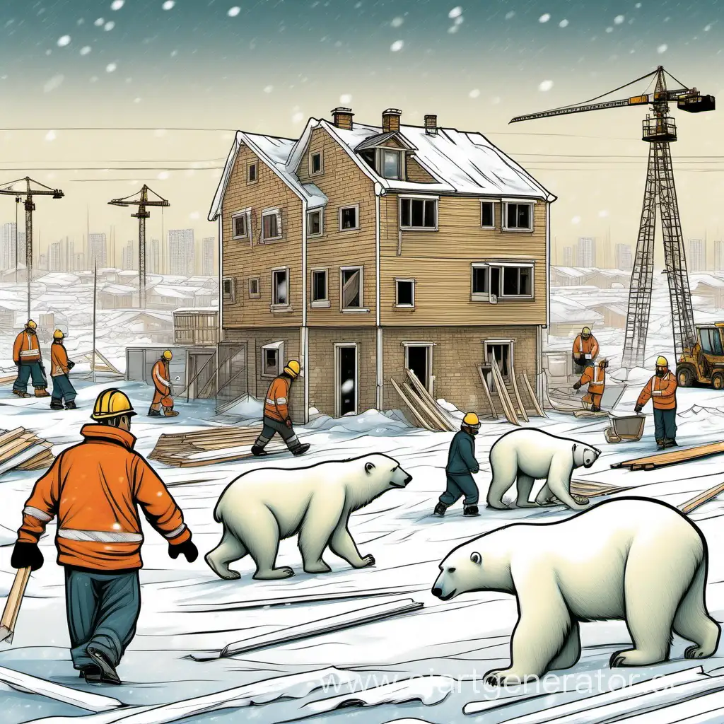 строители идут на работу , кругом снег и сильный ветер, снег до пояса, среди строителей белый медведь, идет вместе со строителями на работу, тепло одеты, очень тепло одеты, на лицах страдание, настроение испуганное. в далике видна стройка , строят каркасный дом из досок, 