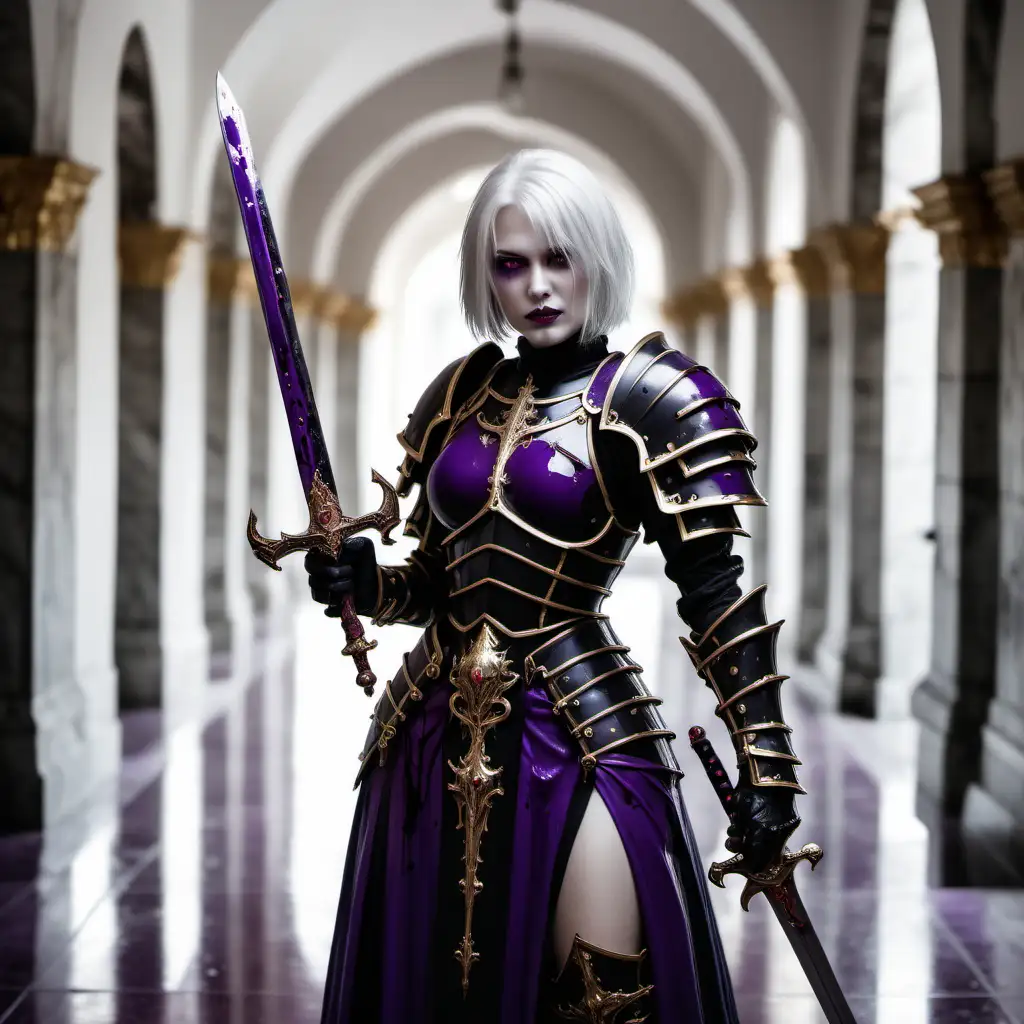 Portrait of Sister of Battle holding one elegant sword dripping with blood.
Wears elegant heavy black and purple armor. Gold eyes. White hair in bobcut.
Standing in an relaxed pose. smile on face.
Bloodred corridor in background of image.