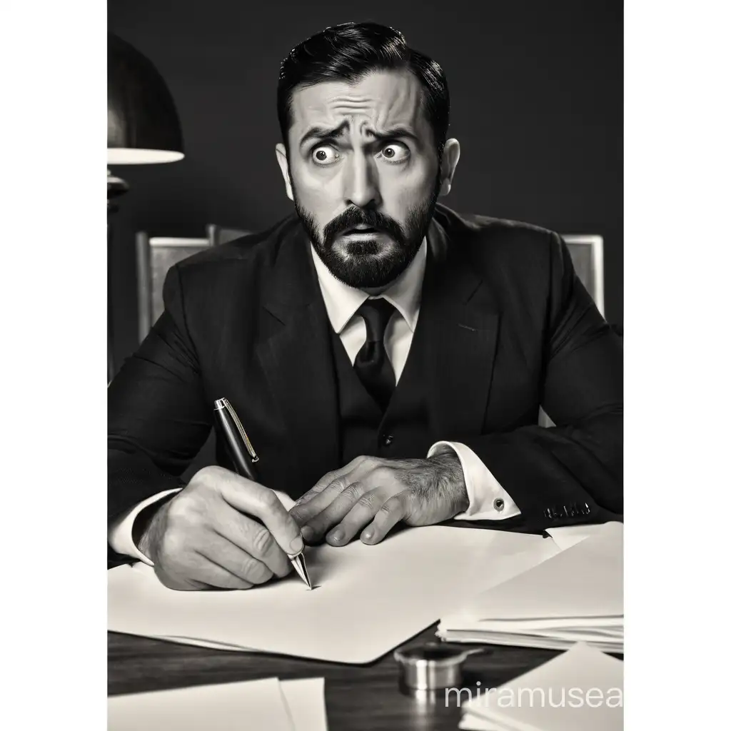 A 40 year old man very scared, terrified, expressive features. A man is writing something with a fountain pen on a paper on a desk. he is with short black hair slicked to the right side, high forehead, large nose, thick black mustache and thick short beard is very frightened, looking away in amazement. He has large dark eyes. In realism style, 3D animation.