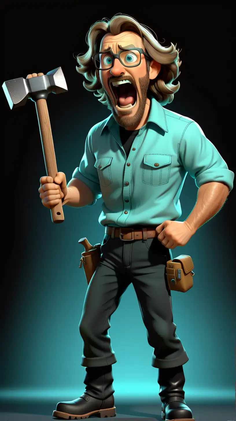 Adventurous Explorer with Long Hair Wielding a Hammer in Pixar Style