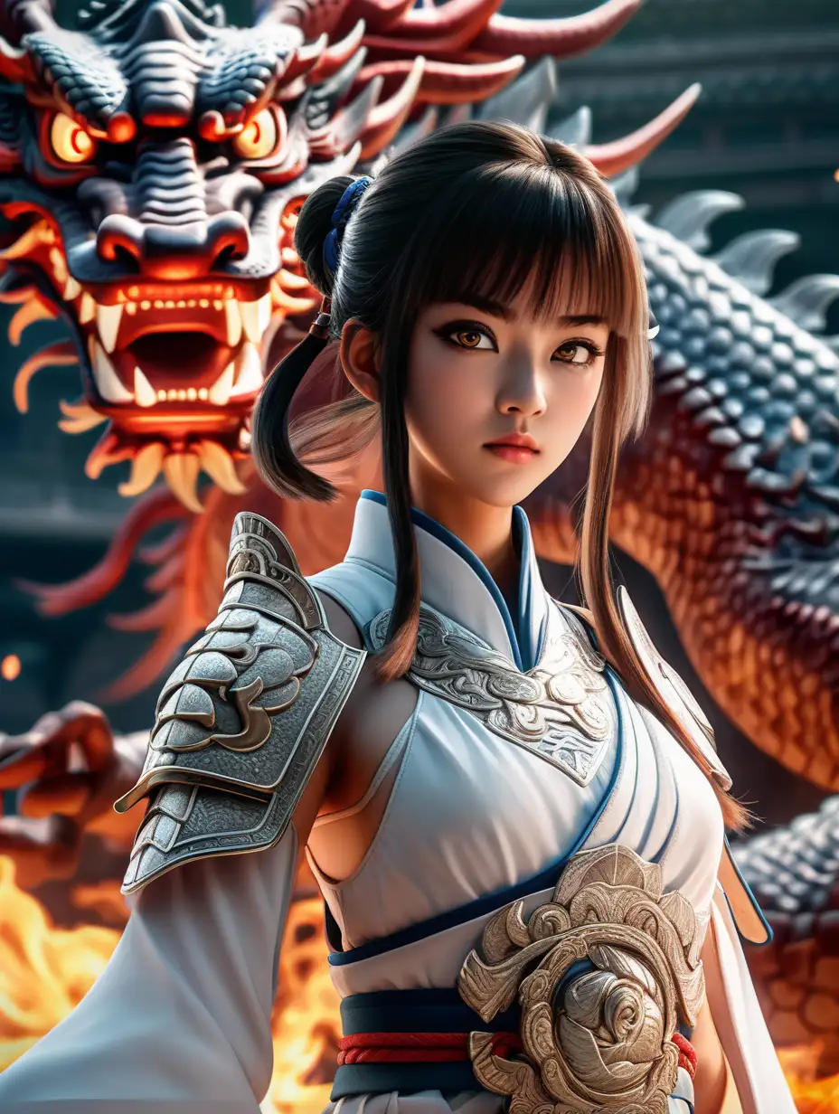(cinematic lighting), An anime beautiful girl warrior immersed in front of Chinese mystical dragon, Envision her clad in practical yet elegant white warrior attire, Her eyes reflect a mix of determination and vigilance, showcasing her readiness for any challenge that may arise in the heat of fire, 2 girls, Chinese mystical dragon at the background, full body photo, angle from below, intricate details, detailed face, detailed eyes, hyper realistic photography,--v 5, unreal engine
