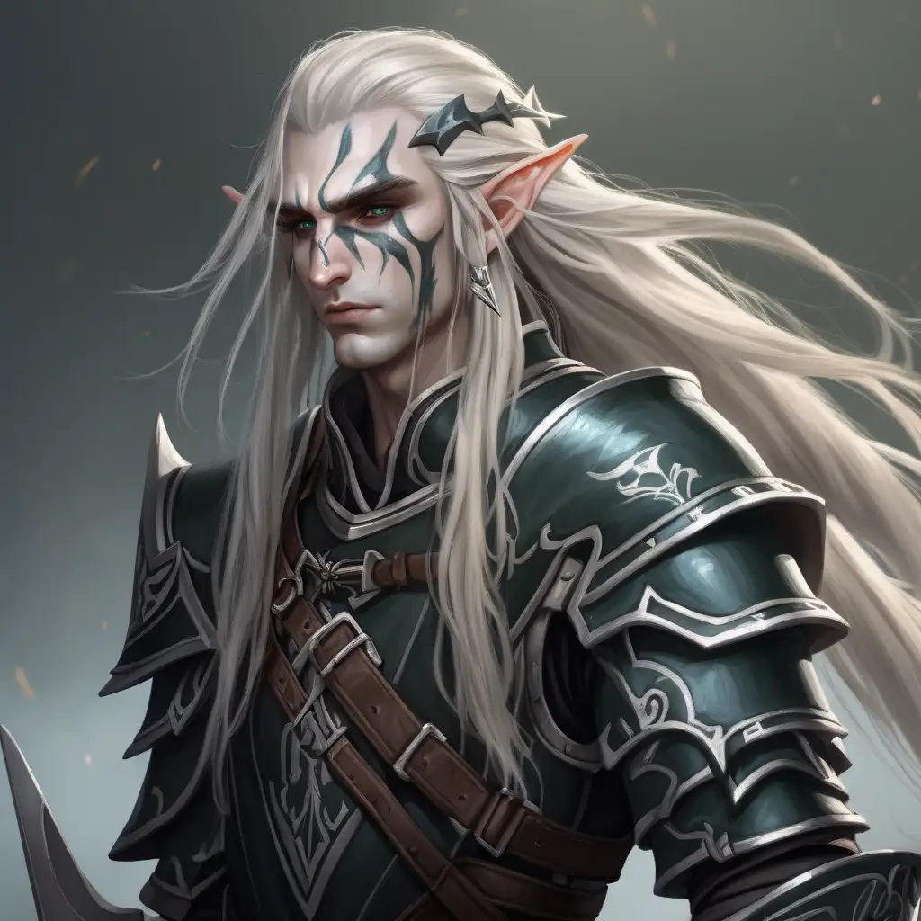 Dark Armored Elf Ranger Skilled Planeswalker with Bow and Scarred Visage