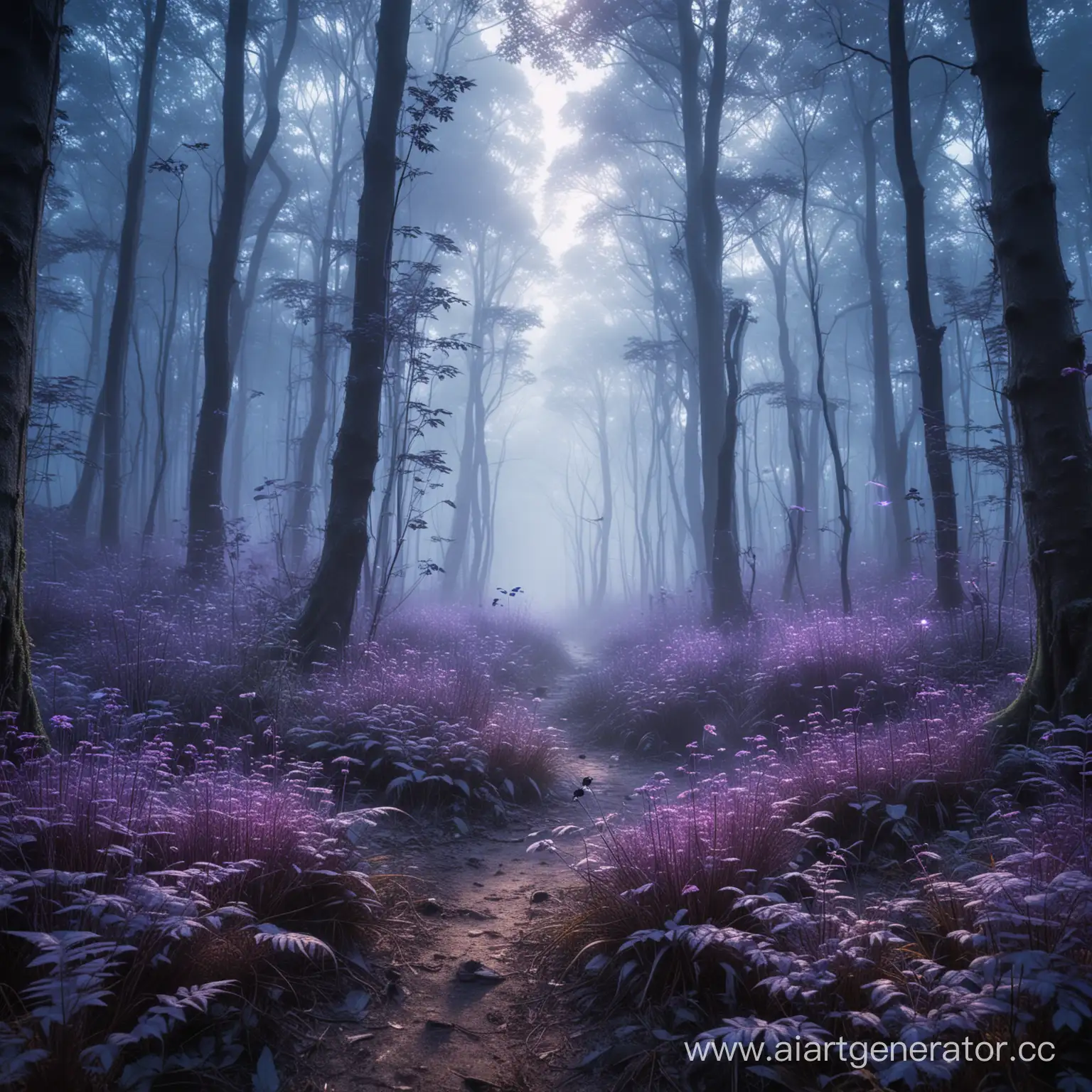 Сказочный лес с туманной дымкой и светящимися насекомыми в фиолетовых и синих цветах
