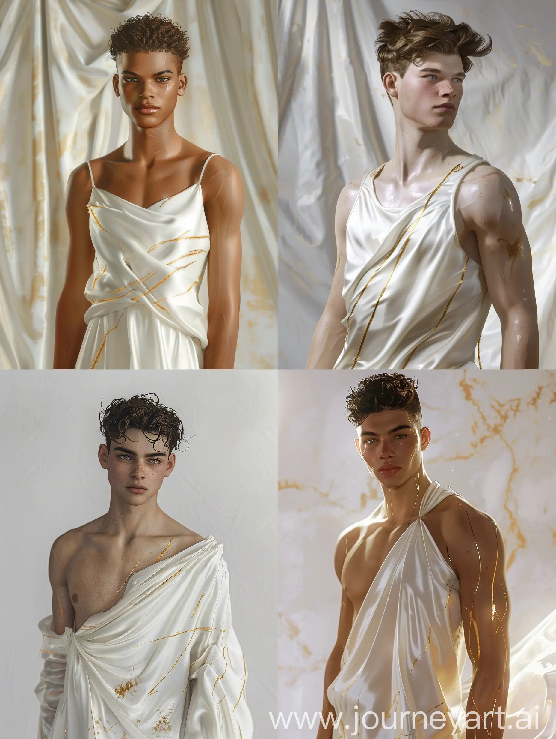 Very realistic rendering - very handsome 17-year-old young man in a white silk dress with gold streaks - cyberpunk - fashion - very handsome