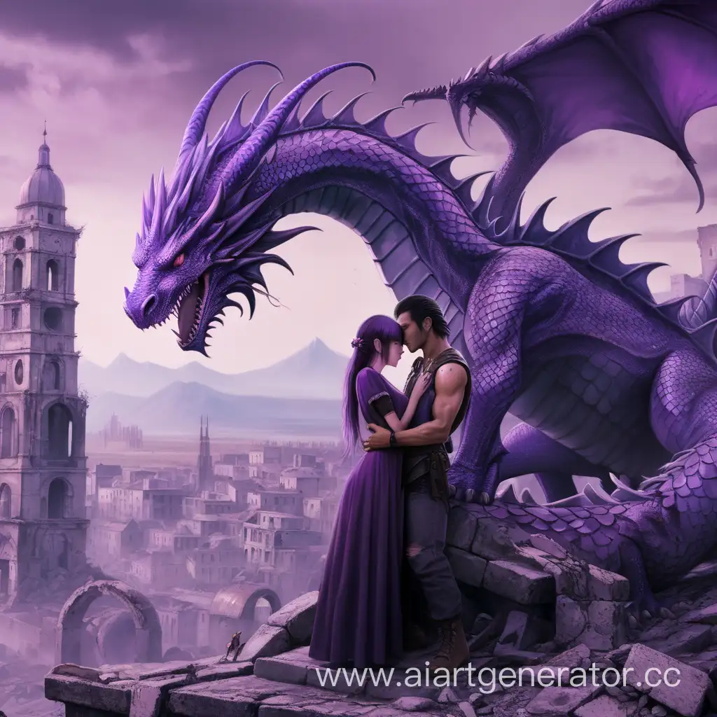 Парень с девушкой  в обнимку  разрушенном городе на фоне фиолетового дракона