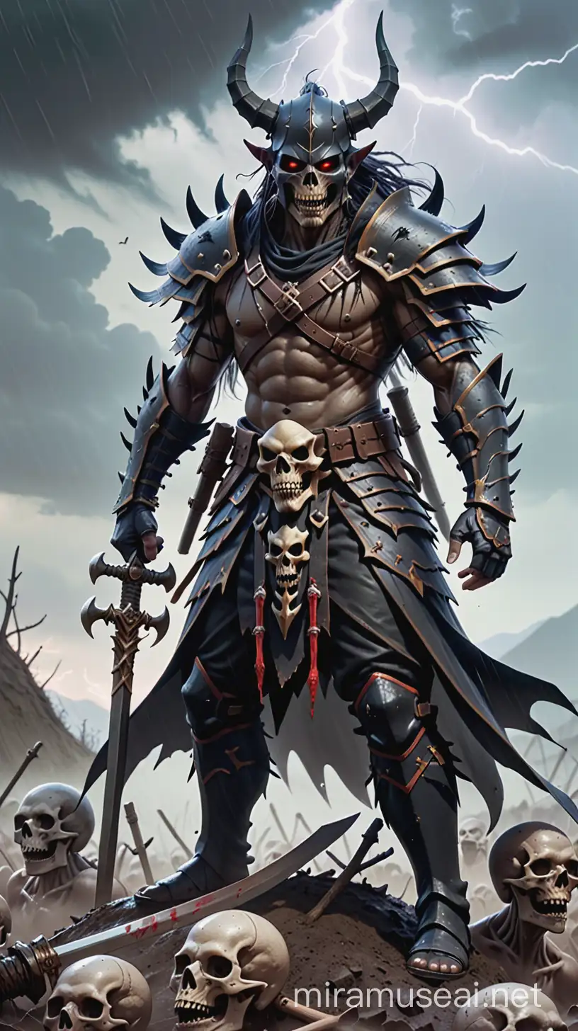 (a lot details), (master peace), undead Oni warrior, standing on a mountain of bones, dead  field, rainy day, thunder and lightnings,dirty style, many crows, dead bodies everywhere, death, dark fantasy, chaos warrior, archeon, absurdly detailed, chaos sorcerer, <lora:ArmorFusion:0.6>, armor