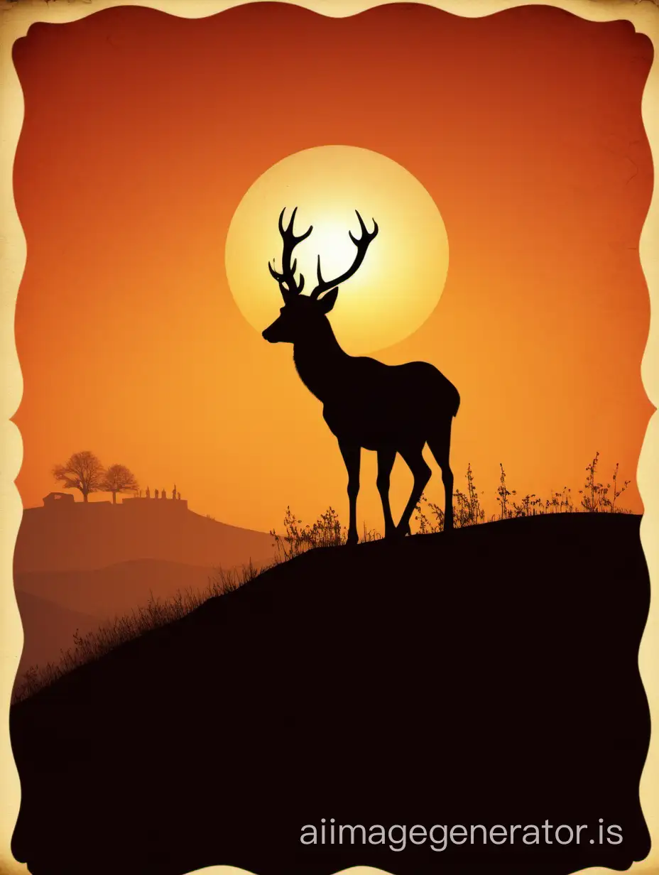 postcard , old-fashioned style,   sunset, silhouette of deer standing on the hill against the background of the sun