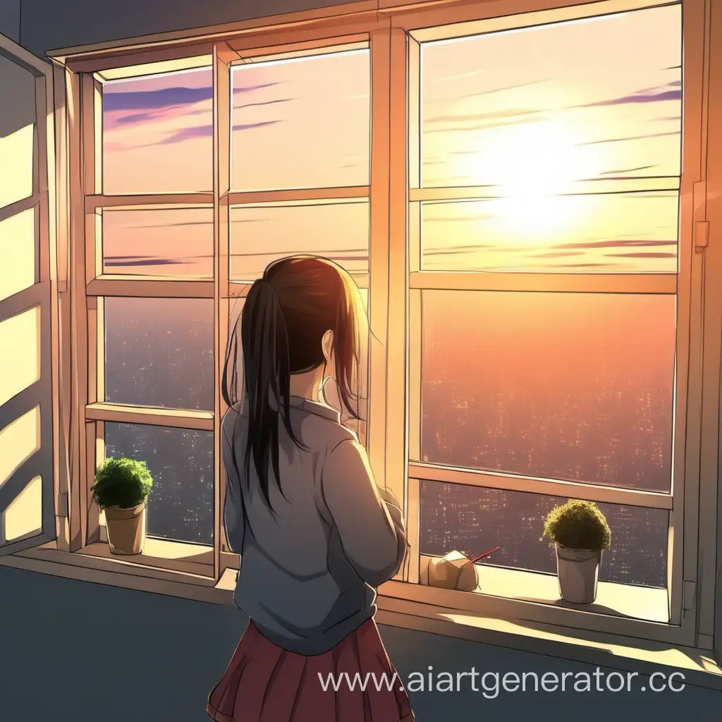 Нарисуй девушку которая смотрит на восход солнца из окна в аниме стиле