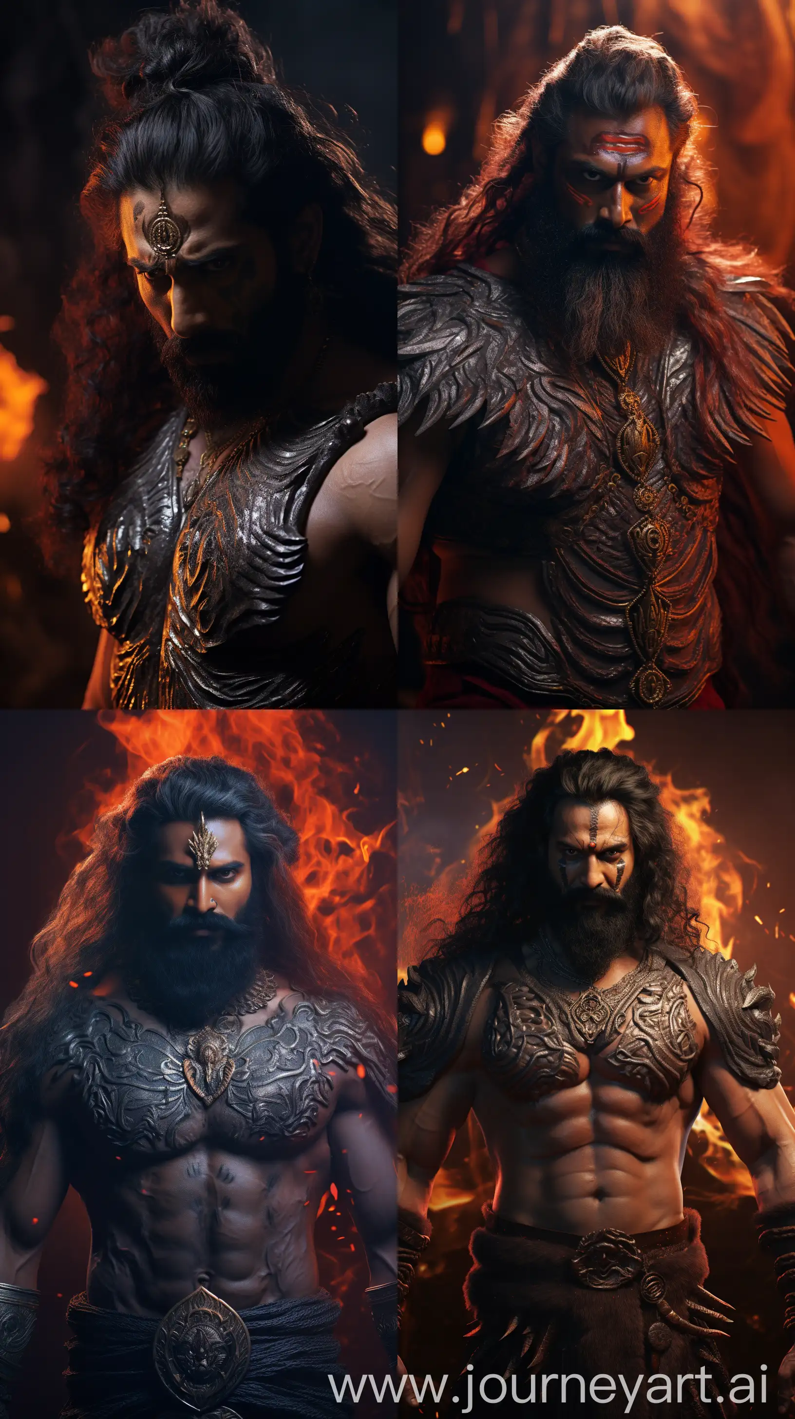 Images depicting the Indian demon Ravan in his late forties, black long haired, bearded, muscular, crowned, from ancient Hinduism with multiple heads, fierce look on his face, cinematic lighting, 8k quality images, close-up image, intricate details --s 100 --ar 9:16 --v 5.2