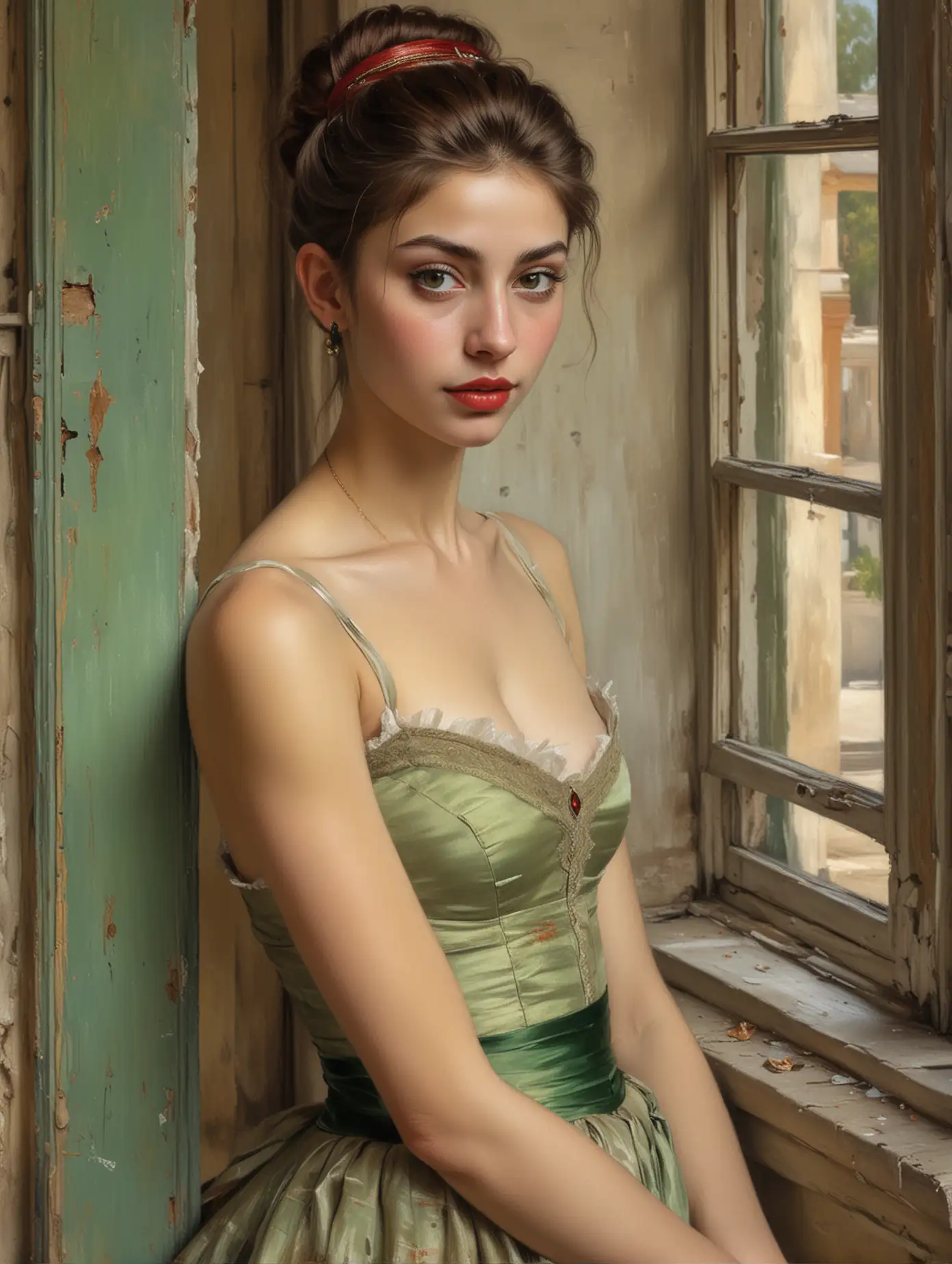 Degas extremely detailed oil painting of a very skinny  incredibly beautiful ancient green-eyed Jordanian  princess with deep cleft chin with ruby lips with very thick bushy eyebrows with underarm hair with a French bun with very deep cleavage near a window in an abandoned house, digital art