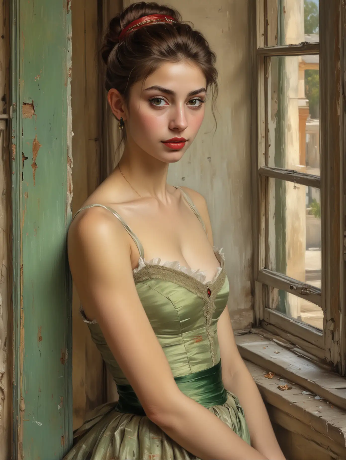 Detailed-Portrait-of-a-GreenEyed-Jordanian-Princess-by-a-Window-in-an-Abandoned-House