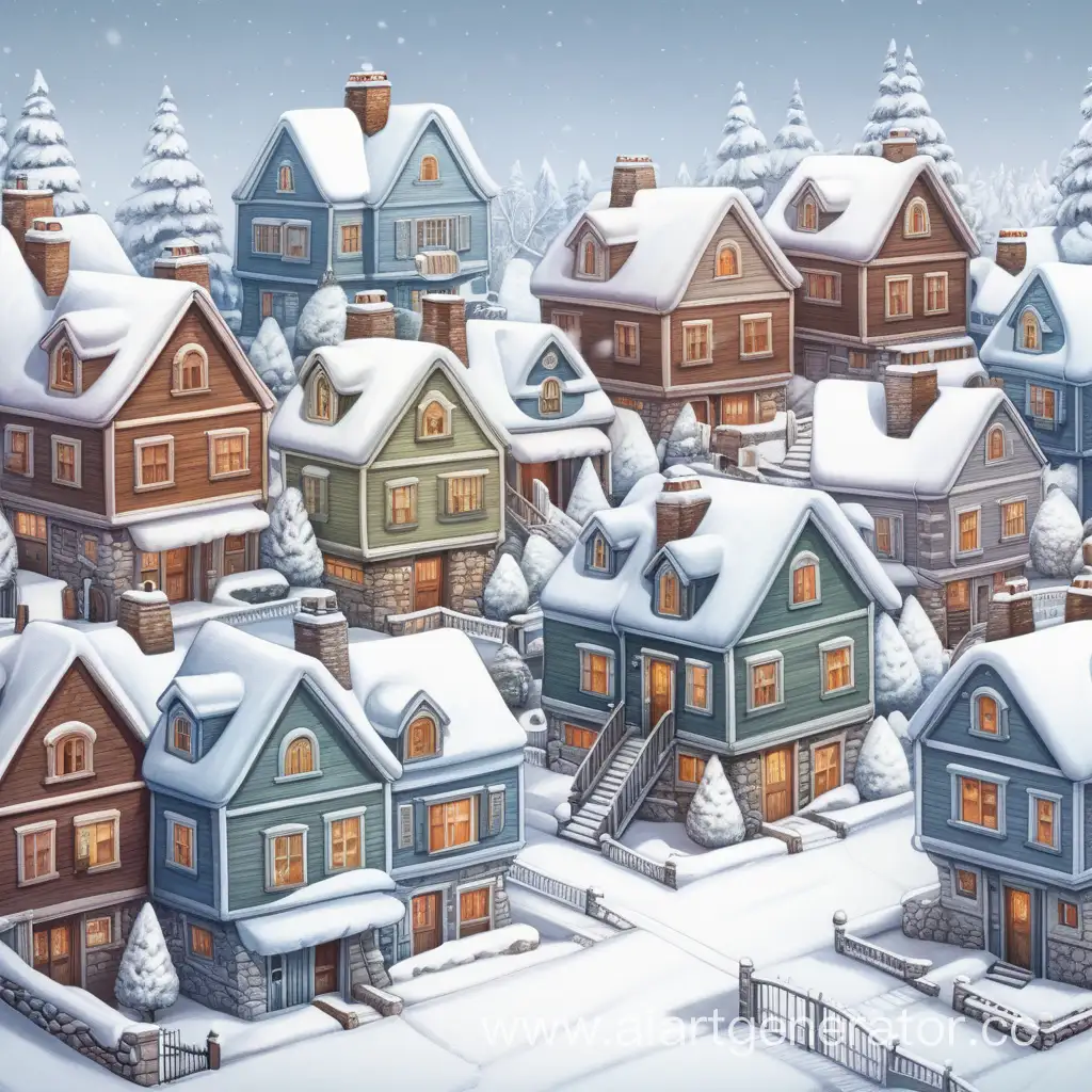 много домов, в снегу, казуальный стиль, мультяшность, вокруг никого, вид спереди
