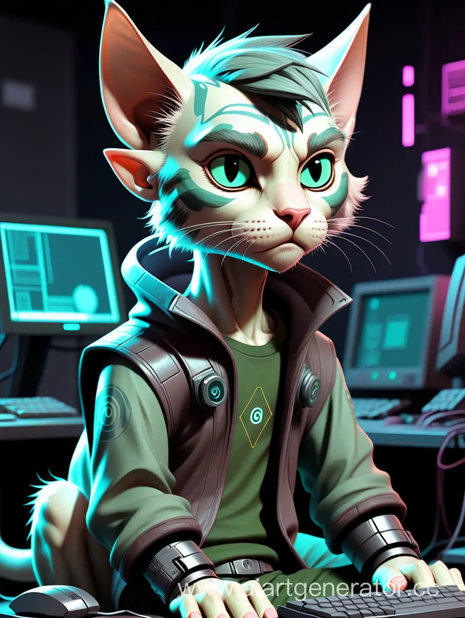 Cyberpunk-Anime-Male-Elf-Cat-Dismantling-Computer