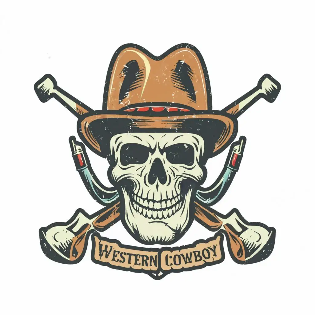 logo, Skull, with the text "Western cowboy skull, Vintage, Contour, Vector, White Background, Detailed bright vibrant colors, highly detailed, white background, remove words, only image, spell check , correct spelling", typography