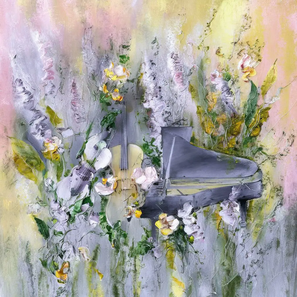 威廉・莫里斯畫風,畫花,小提琴,鋼琴,在粉色,黃色春天背景前,呈現夢幻感覺,部分模糊不清