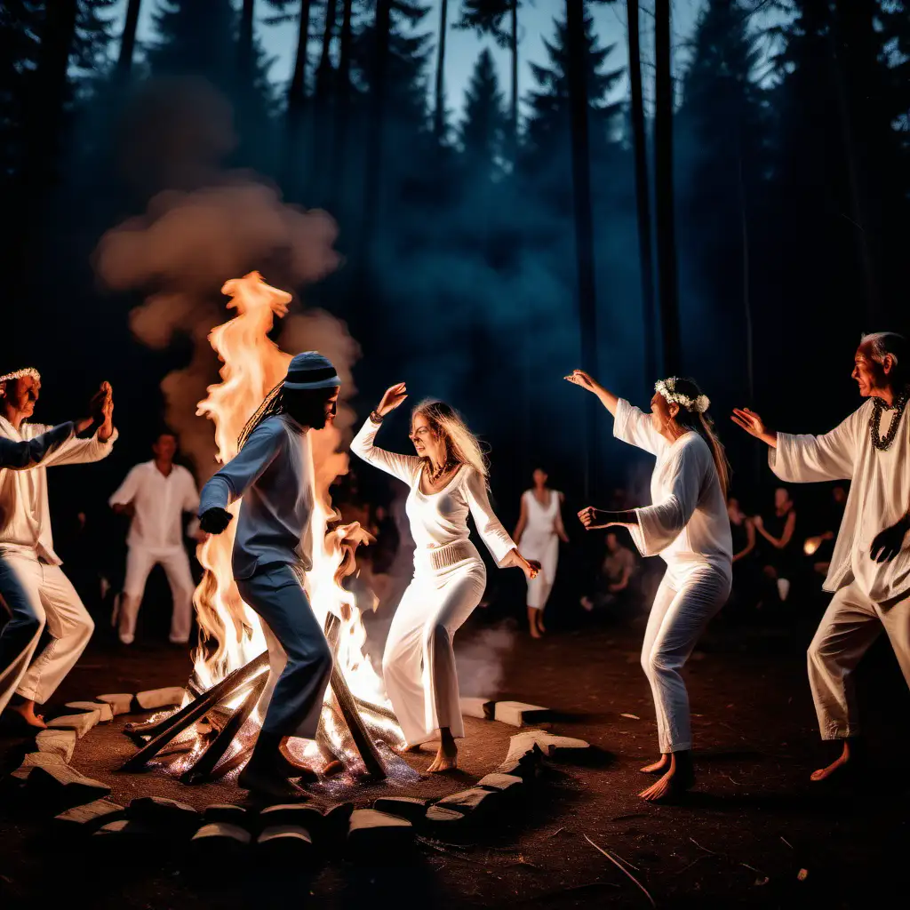 People wearing all white dancing around a fire at night in a shamanic ceremony set in the forest