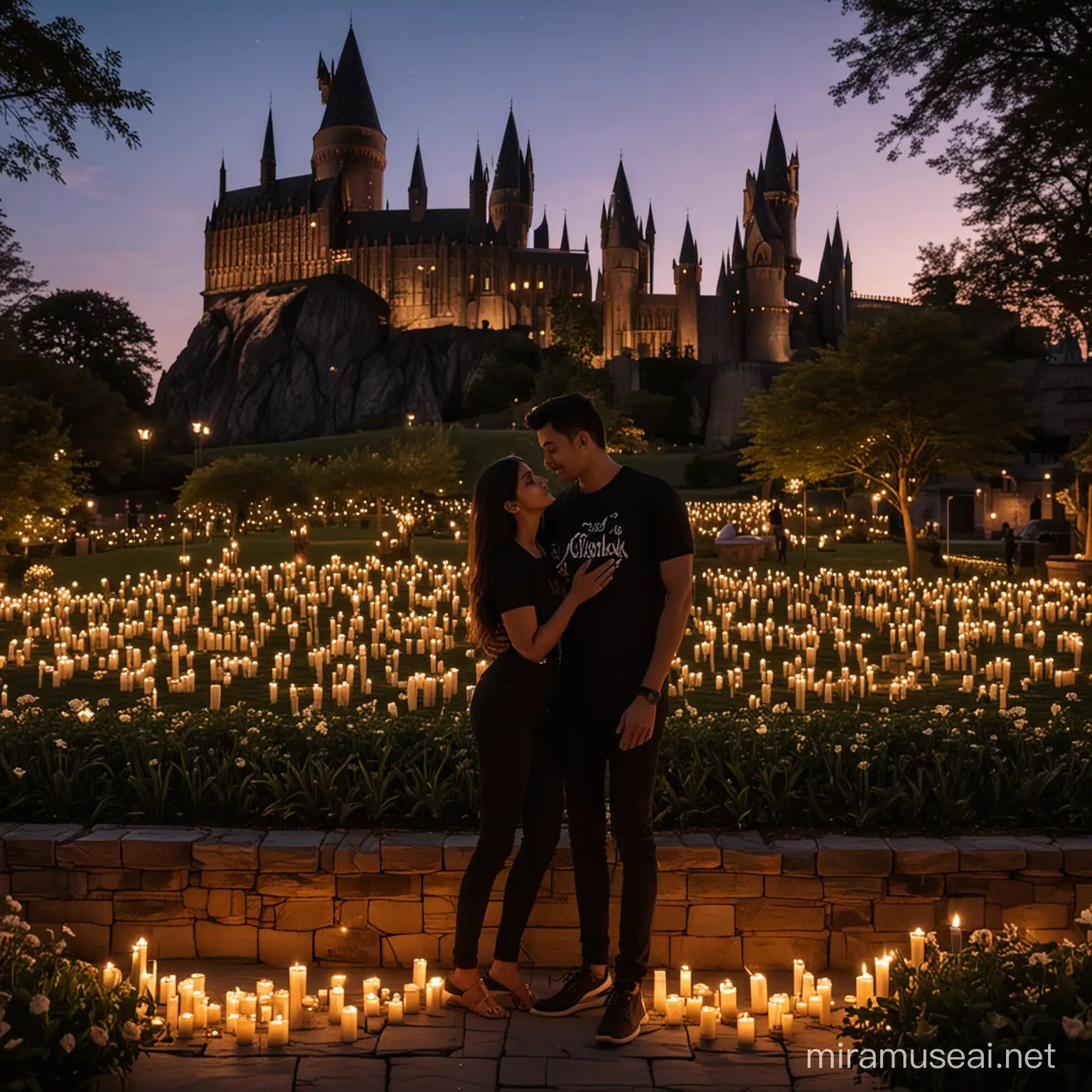 The image depicts Maharshi and Yashika standing in a beautiful formal garden at twilight. Maharshi is wearing a black t-shirt with his name "Maharshi" written stylishly across the chest, holding Yashika's hand as they lean in for a kiss. Yashika is also wearing a t-shirt with her name "Yashika" elegantly displayed. In the background, there's a silhouette of Hogwarts castle, illuminated by the fading light of the evening sky. Floating candles hover above them, casting a soft glow, and a magic wand rests on a nearby stone bench.