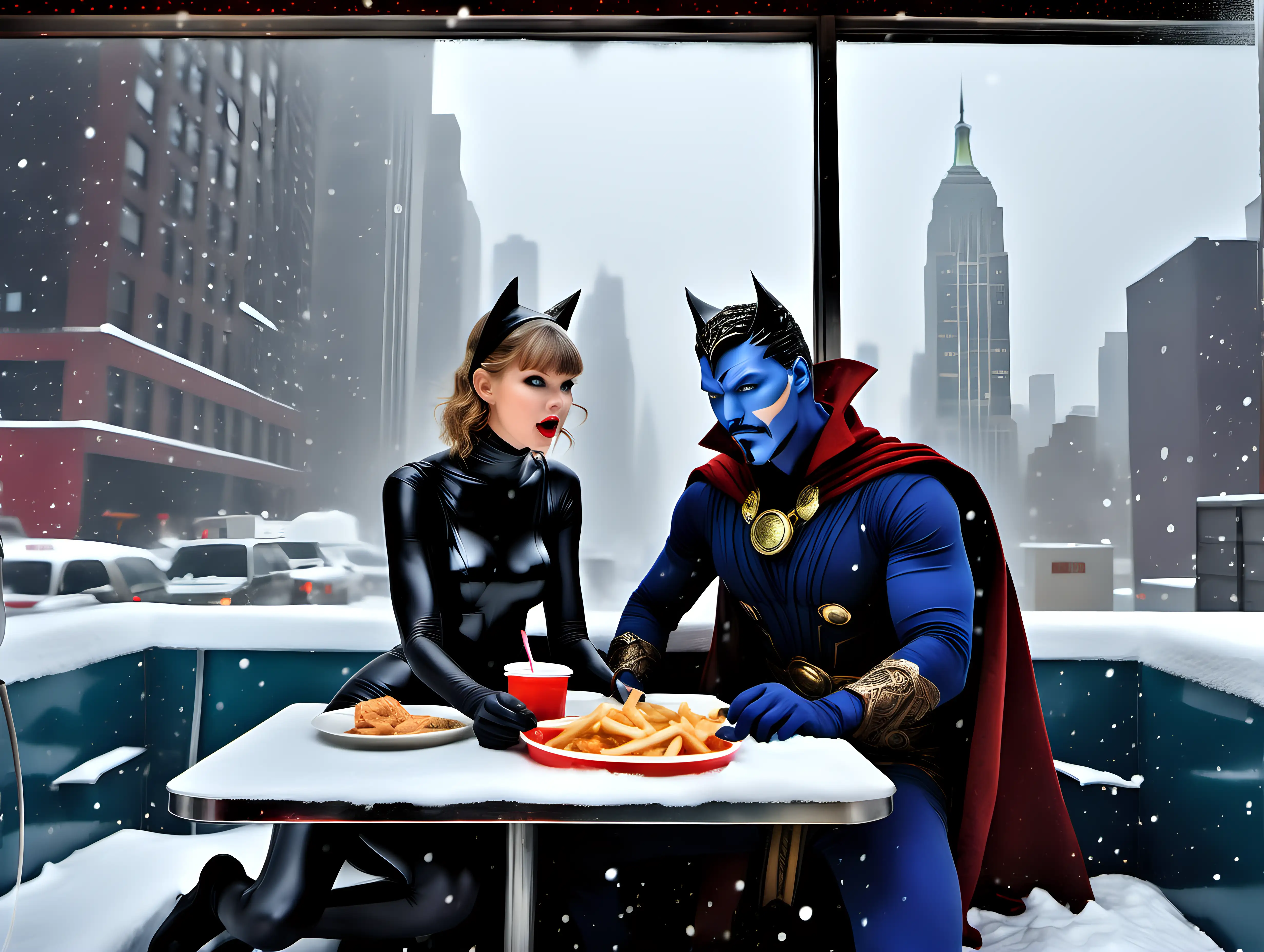 wide view nude Taylor Swift as Cat woman and Doctor Strange on a date in a fast food joint overlooking NYC during a snow storm Frank Frazetta style