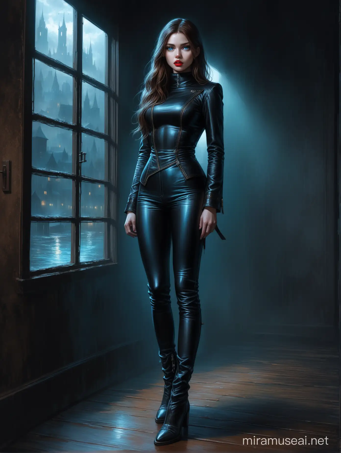 Aivision, neon colors, full body of beautiful young women with dramatic expression, prety blue eyes ,brown hair, full red lips, She wears Leather pants and a High neck blouse with long Gogh coat , She's wearing amazing boots,( full body). she looks out the window anxiously , dark environment and gloomy , image realistic, realistic facial features, Fairy Tail, Extremely detailed , intricate , beautiful ,Pure beautiful features fantastic view , elegant , crispy quality Federico Bebber's expressive, full body