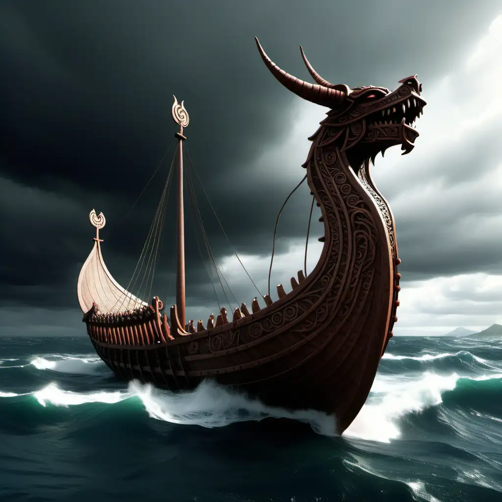 generate a large Viking long ship, with a dragons head at the front 