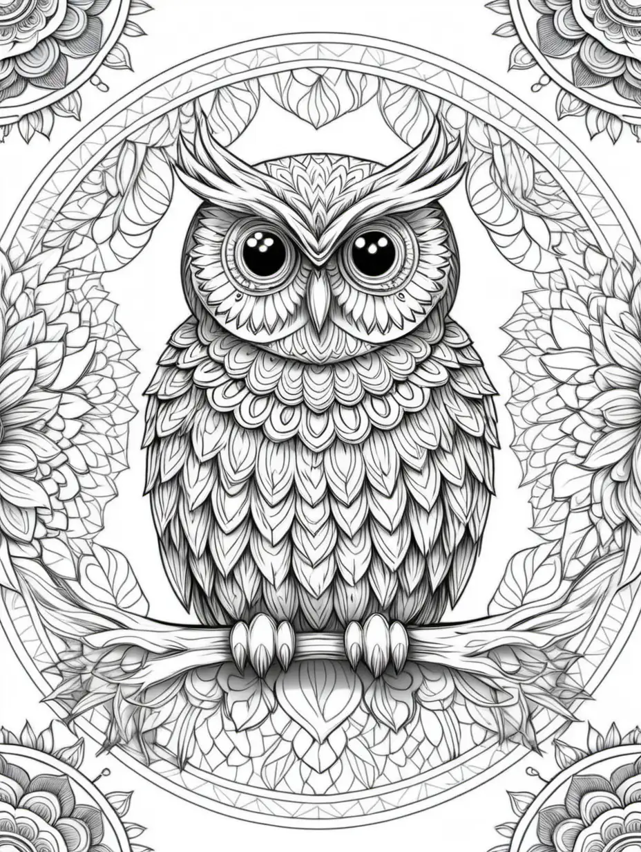Mandala seamless pattern with owl outline for adult coloring book