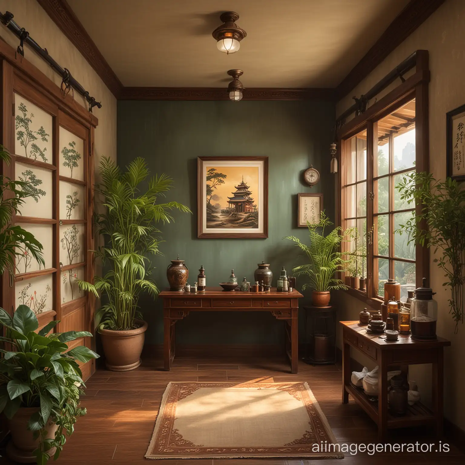 Doctor's treatment room, fantasy art, friendly with two plants, only one treatment table with wooden frame, foyer with potions, room is Asian, Asian landscape paintings on the wall