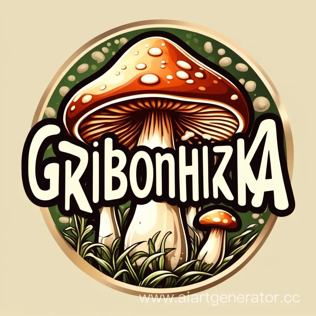 логотип компании по производству грибов, с названием GRIBONOZHKA на молочном фоне