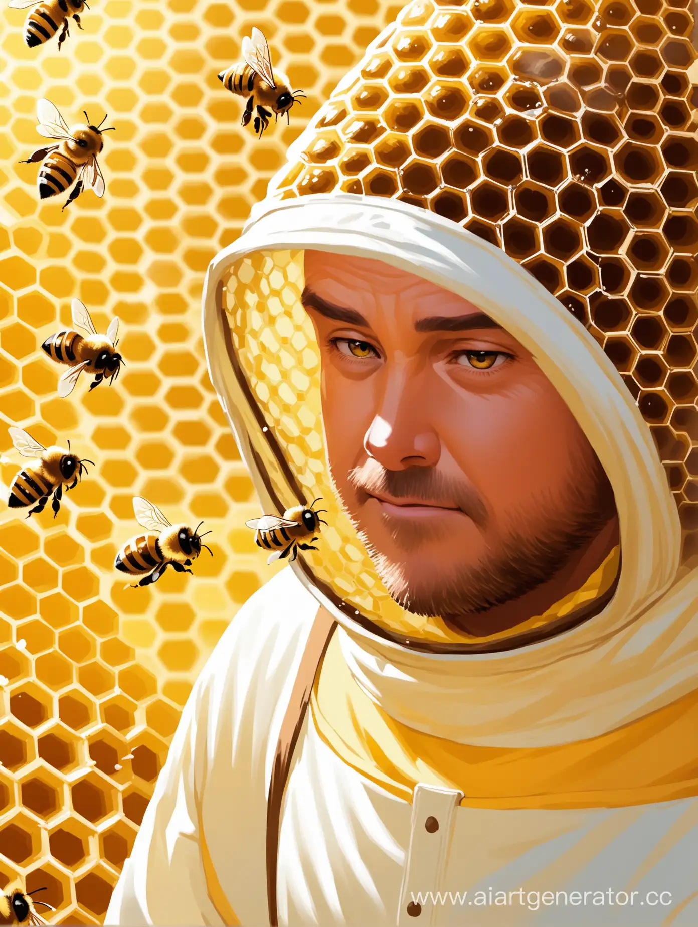 создай фотографию пчеловода который воняет , поэтому его пчелы его не узнают , пчелы должны на него нападать
