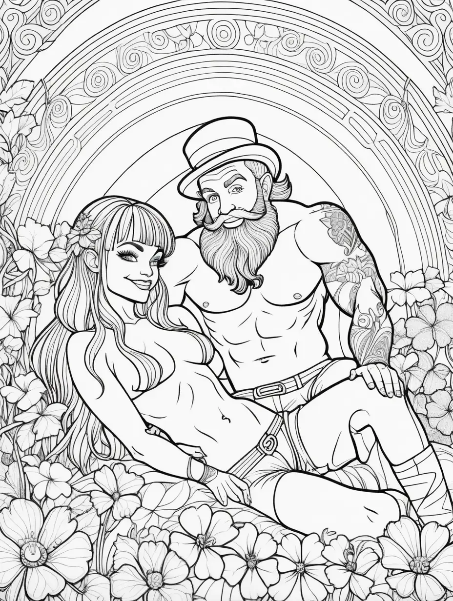 adult coloring page, mandala style, thin lines, high detail, a sexy leprechaun female and a shirtless tatooed buff male leprechaun laying on a bed of clover under a rainbow  
