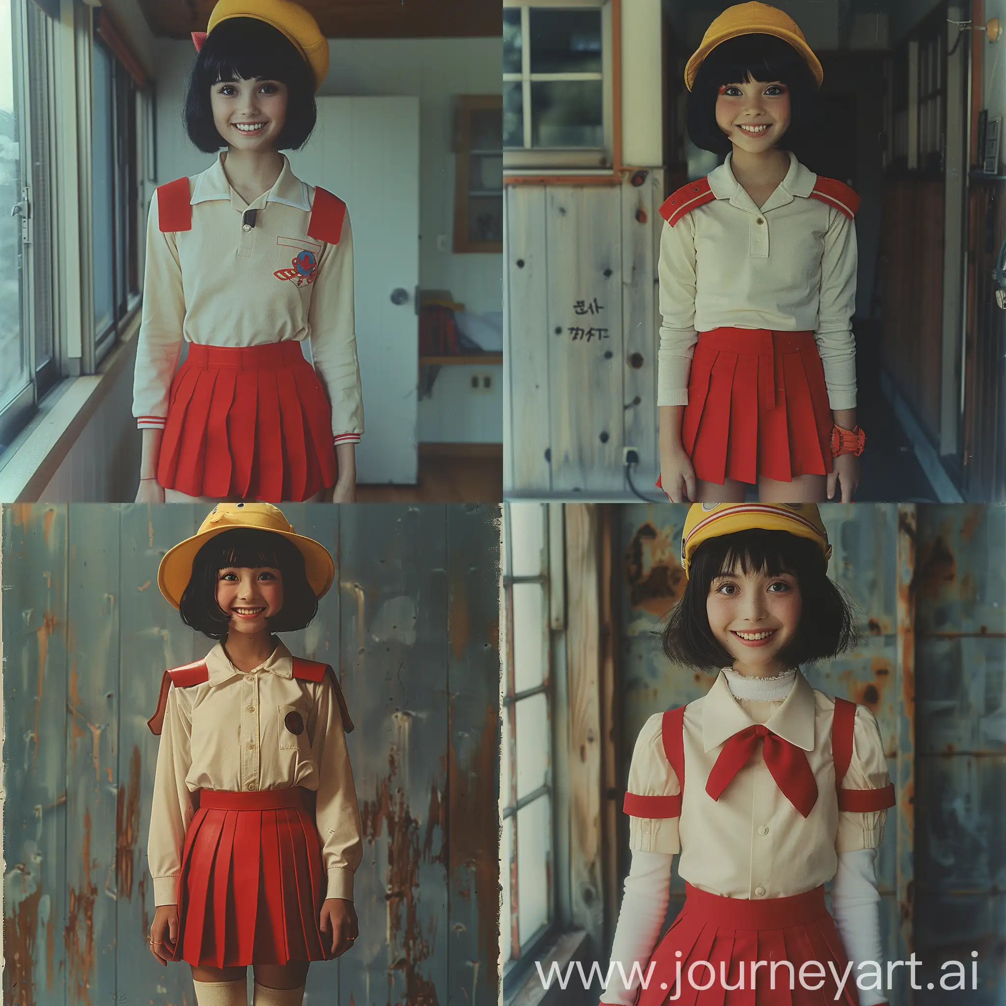 Japanese-Schoolgirl-in-Red-Skirt-and-Yellow-Hat-Smiling