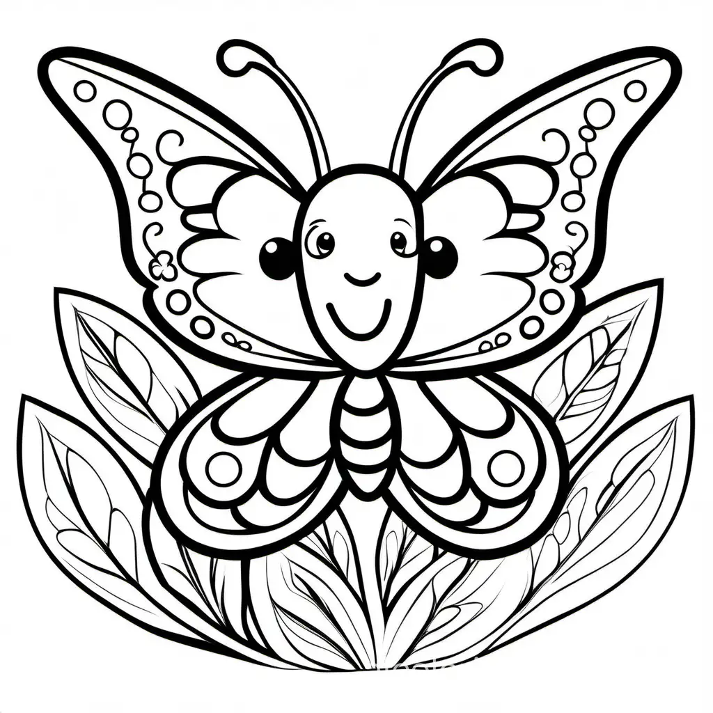 cute baby butterfly on flower coloring page, Coloring Page, black and white, line art, white background, Simplicity, Ample White Space. The background of the coloring page is plain white to make it easy for young children to color within the lines. The outlines of all the subjects are easy to distinguish, making it simple for kids to color without too much difficulty
