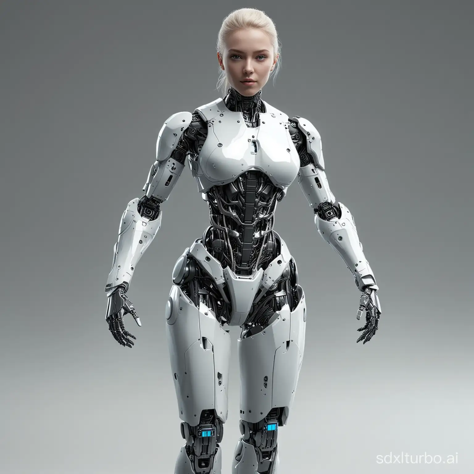 Futuristic and dynamic robot, humanoid style, full-body image, female