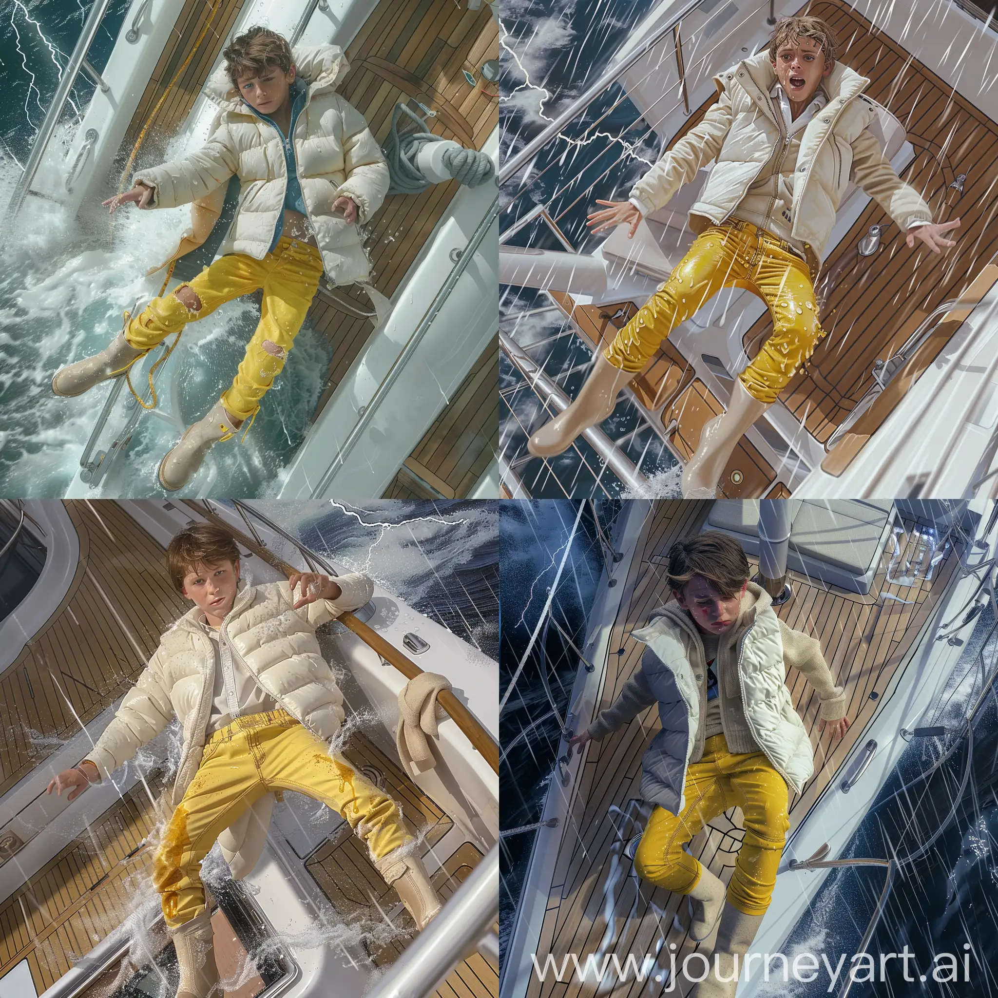 soaked realistic picture, of a 13 year old white,  kid boy, wearing yellow super skinny, super stretch, super tight, Levi's jeans legging bottom, open white puffy vest , beige catterpilar boots, on board of a yacht, the ship's heavy swell causes him to stumble and be catapulted overboard, heavy rain and lightning. aerial view