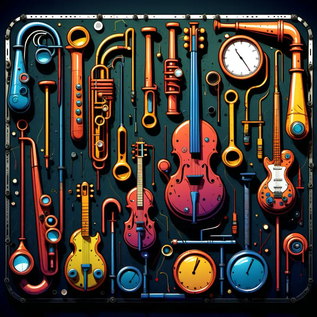 Dark Comic Illustration of Musical Instruments Crafted from Laboratory Tools